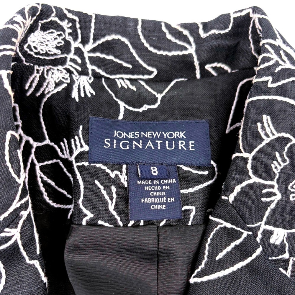 Jones New York Signature Womens 8 Black White Floral Embroidered Linen Blazer - Picture 2 of 8